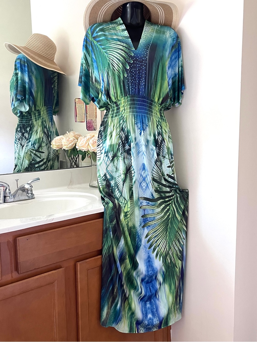 Plus Size Maxi Dress 1X Long Blue Green Women’s Dress Stretch - Picture 5 of 7